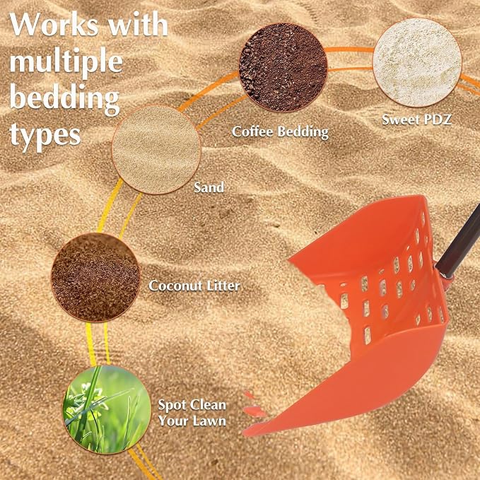 Chicken Poop Scooper & Rake 2-in-1 Telescopic Chicken Litter Scoop for Chicken Coops & Small Farm Animals Sand Sifting Litter Shovel (Orange)