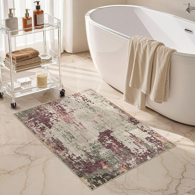 2x3 Entryway Area Rug: Washable Neutral Modern Abstract Small Rug - Non-Slip Low Pile Throw Indoor Carpet for Entrance Kitchen Front Door Mat Bathroom Entry Kids Room - Purple/Green/Beige