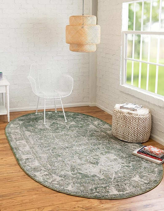 Unique Loom Isabella Collection Area Rug - Adjani (7' 10" x 10' Oval, Green/ Ivory)