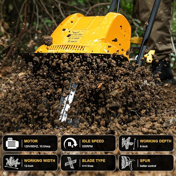 Garden Rototiller 12-Inch 10.5-Amp Corded Electric Tiller/Cultivator, Adjustable Wheels, 8-Inch Tilling Depth, Powerful and Lightweight Tiller
