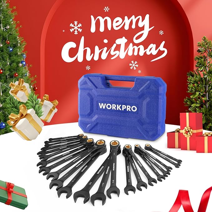 WORKPRO 22-Piece Ratcheting Wrench Set, Anti-slip Teeth, Ratchet Combination Wrench Sets with Organizer Box, Metric 6-18mm & SAE 1/4-3/4", Black Electrophoretic Coating