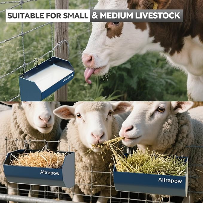 4.5 Quart Hanging Goat Feeder [Material of Metal] with Clips and Nylon Tie Wraps, Fence Feeder [Sturdy and Durable] for Goat, Pig and Dog, Blue, 2 Pack