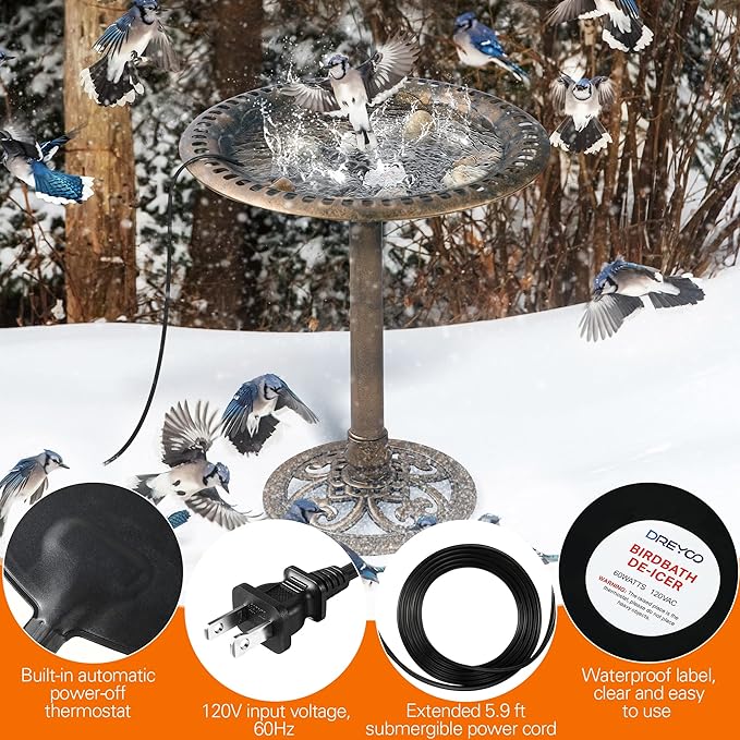Dreyoo 1 Pack Bird Bath De Icer, 60w Submergible De Icer, Thermostatic Controlled Winter Water Heater Deicer for Bird, Chicken, Duck, Farm Trough, Design Patent Product