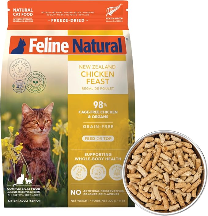 Feline Natural High Protein Dry Cat Food, Freeze-Dried Diet with 98% Meat, Organs & Seafood, No Peas, Grains, or Artificial Additives, Made in New Zealand, Chicken, 11oz