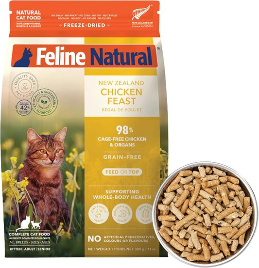 Feline Natural High Protein Dry Cat Food, Freeze-Dried Diet with 98% Meat, Organs & Seafood, No Peas, Grains, or Artificial Additives, Made in New Zealand, Chicken, 11oz