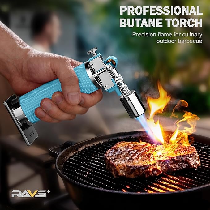 RAVS Butane Torch Lighter, Refillable Kitchen Torch with Adjustable Flame and Safety Buckle, Mini Torch for Baking, Soldering, Resin Art, Blue, Christmas Gifts for Men, Butane Not Included
