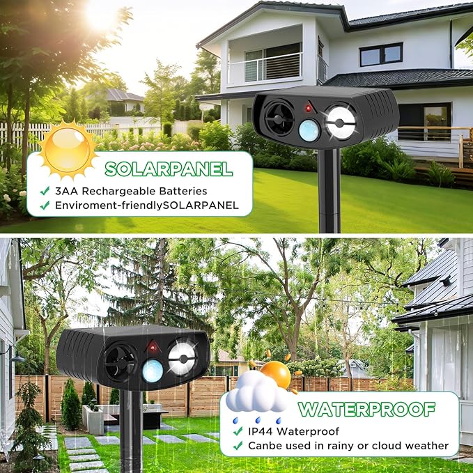 Solar Powered Animal Repeller, Ultrasonic Pest Deterrent with LED Strobe Light, Green, Motion Sensor, 14.8 Inch Stake, for Yard Garden 2 Packs