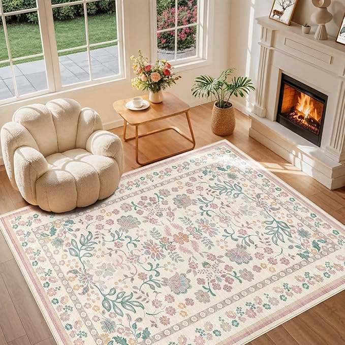6x9 Area Rug Living Room Rugs - Washable Boho Vintage Floral Large Soft Non Slip Thin Rug Low Pile Carpet for Bedroom Dining Room Kids Playroom Office Decor Indoor- Pink