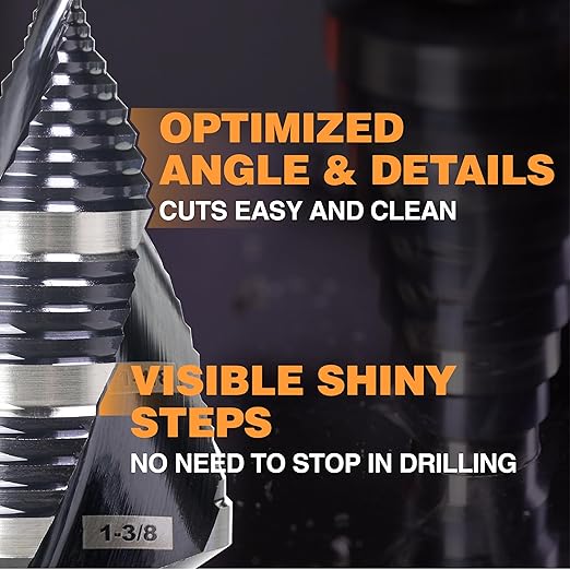 Heavy Duty M35 HSS 1/4 to 1-3/8 Inch Step Drill Bit with Double Flutes, Large High Speed Steel Step Bit for Stainless Steel, Metal, Wood