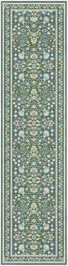 Runner Rug for Hallways Kitchen: 2x8 Washable Area Rug Boho Floral Soft Long Rug - Non-Slip Low Pile Throw Indoor Carpet for Entryway Kitchen Bedroom Laundry Bathroom - Green