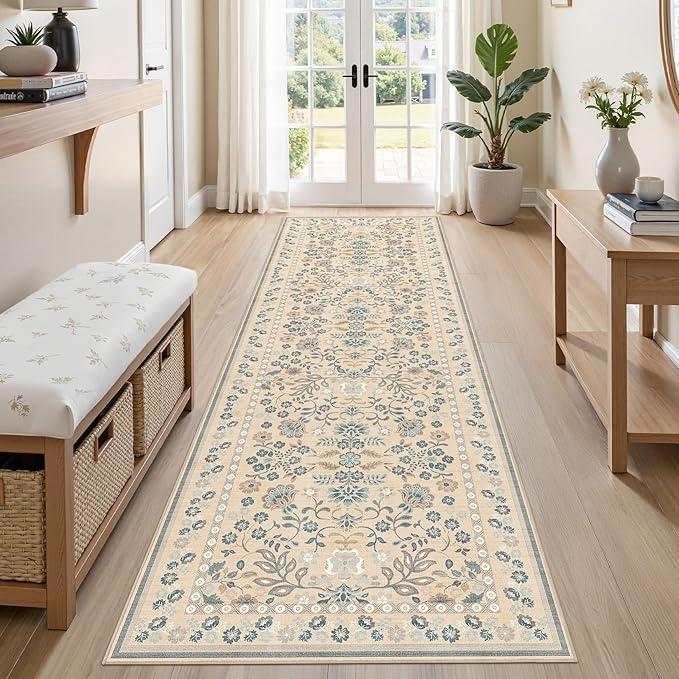 3x8 Runner Rug for Hallways Kitchen: 3x8 Washable Area Rug Boho Floral Soft Long Rug - Non-Slip Low Pile Throw Indoor Carpet for Entryway Kitchen Bedroom Laundry Bathroom- Multi Color