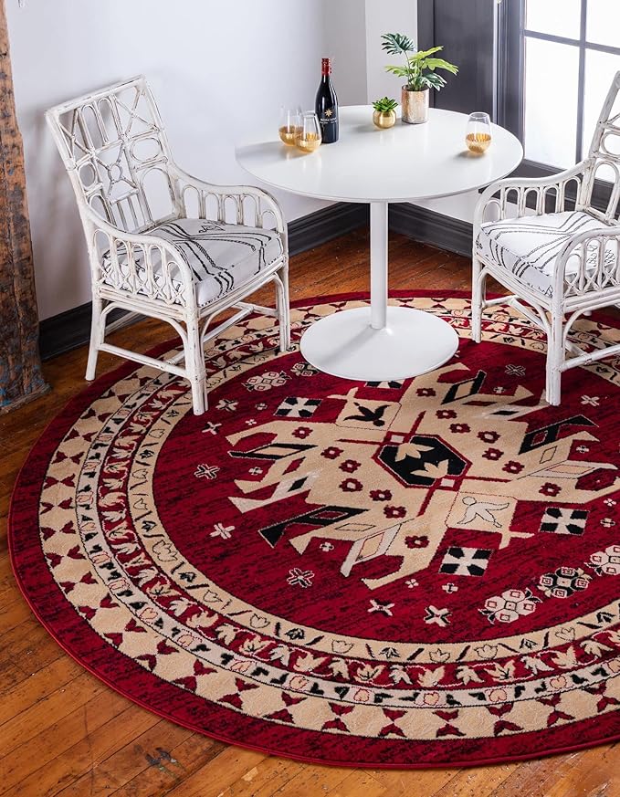 Unique Loom Taftan Collection Border Geometric Tribal Inspired Design Area Rug (8' 0 x 8' 0 Round, Red/ Gold)