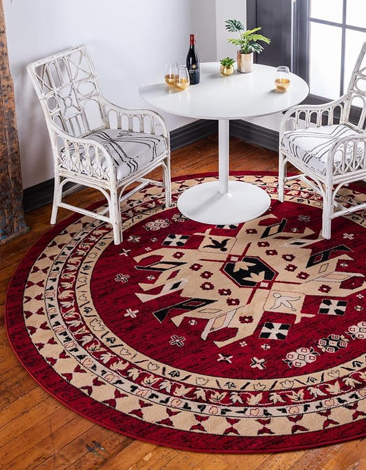 Unique Loom Taftan Collection Border Geometric Tribal Inspired Design Area Rug (8' 0 x 8' 0 Round, Red/ Gold)