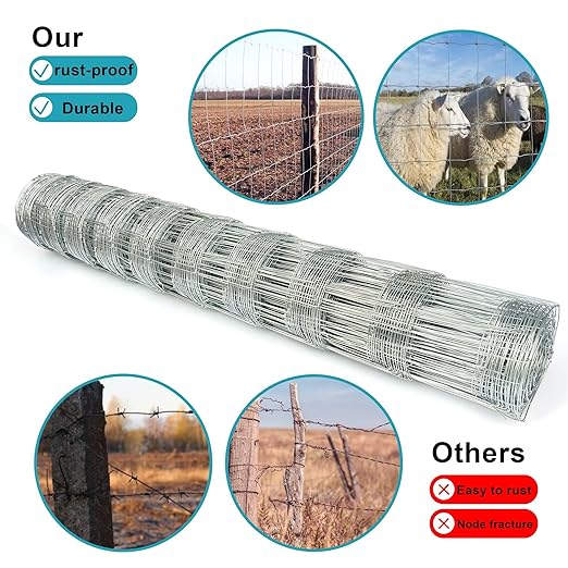 Farm Fence 4ft. x 100ft Galvanized Field Wire Fencing,Heavy Zinc Coating Cattle Fence,Deer Fence,Goat Fence,Hog Wire Fence for Yard Garden & Animals Protection