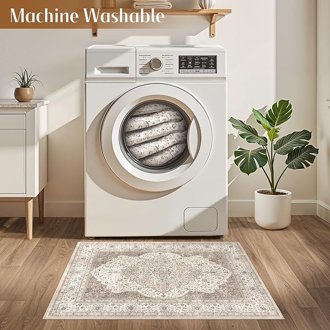 2x3 Washable Entryway Rug: Non-Slip Soft Indoor Throw Small Vintage Floral Area Rug for Kitchen Bedroom, Low Pile Durable Carpet for Front Door Porch Floor Doormat Home Decor (Brown/Beige)