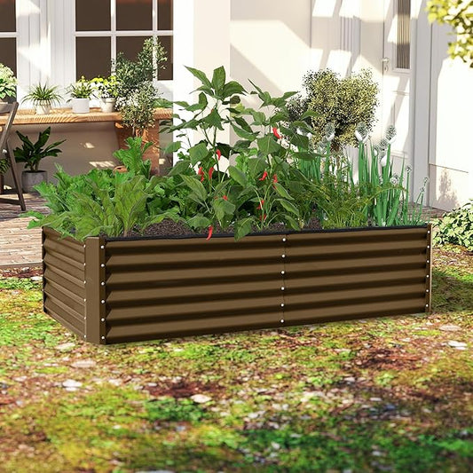 Domi 6x3x1.5ft Metal Raised Garden Beds Outdoor, Thickened Galvanized Steel Deep Root Planter Box with Stabilizing Bars & Rubber Edging for Vegetables, Flowers, Herbs - Brown