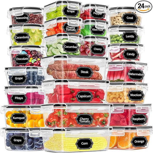 PRAKI 48 Pack Food Storage Containers with Airtight Lids (24 Containers & 24 Lids), Kitchen storage containers for Pantry Organizers and Storage, Meal Prep Container with Labels & Marker
