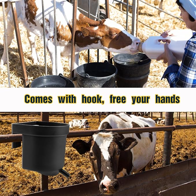Abbylike 2 Pack 4 Quart Single Teat Calf Milk Feed Bucket Hook Over Hanging Calf Feeder Bucket with Nipple Mountable Plastic Livestock Feeder for Farm Stall Barn Cowshed Cattle Housing Feeding