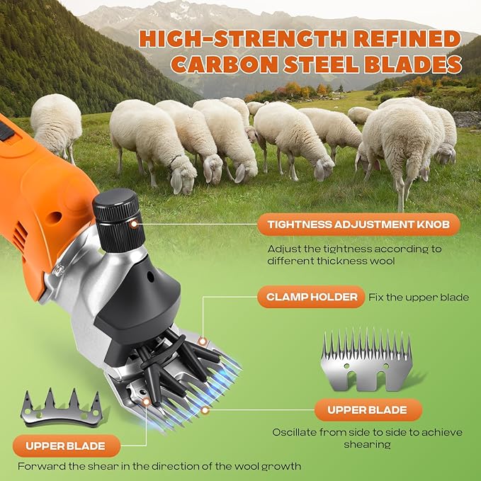 Sheep Shears Cordless 550W 2400RPM Rechargeable Sheep Clipper Professional Animal Clipper, 6-Speed Adjustable with 2x 4000mAh 21V Lithium Batteries for Sheep, Goat, Cattle, Livestock (110V, Orange)