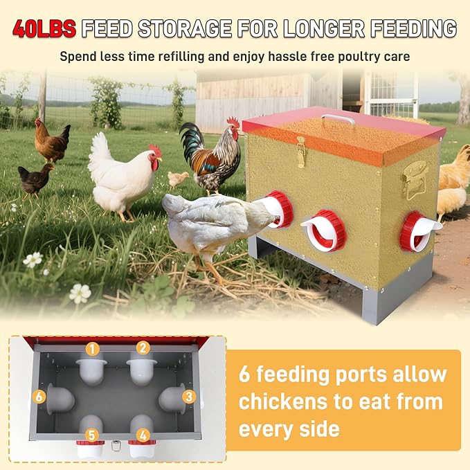 Automatic Chicken Feeder-40LB Metal Poultry Feeder No Waste with 6 Feeding Ports, Rat Proof Auto Chicken Feeders with Rust-Resistant Steel Frame, Locking Lid & Handle for Duck Geese Outdoor Use