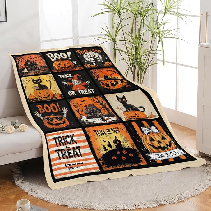 Halloween Blanket, Pumpkin Black Cat Fleece Flannel Throw Blanket, Trick or Treat Soft Lightweight Stuff Throws Gifts for Women Men Boys Girls Lovers Adults Lovers Sofa Decor 80"x60"