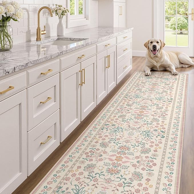 3x10 Runner Rug for Hallways Kitchen: 3x10 Washable Area Rug Boho Floral Soft Long Rug - Non-Slip Low Pile Throw Indoor Carpet for Entryway Kitchen Bedroom Laundry Bathroom- Pink