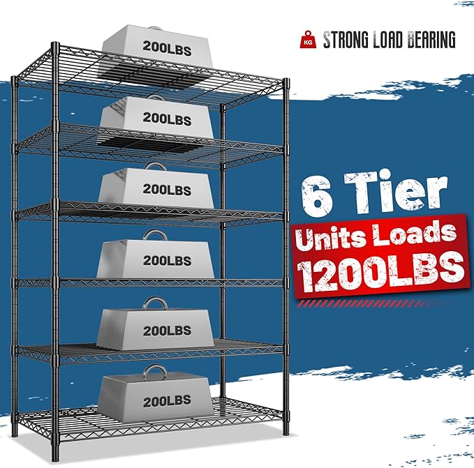 6Tier Metal Shelving Unit Storage Shelves. 1200LBS Wire Shelving Rack Heavy Duty, 75H Adjustable Pantry Shelves, Metal Shelf for Garage Shelving, Closet Shelves,Kitchen, 75" Hx 36" Wx 18" D