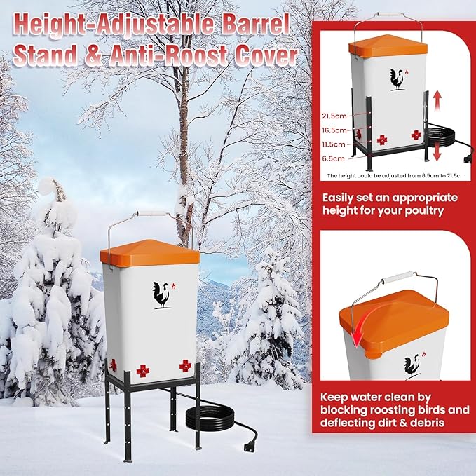 Heated Chicken Waterer, 3.2 Gallon Chickens Poultry Waterer with Nipples, Height Adjustable & Detachable Stand, All-Season Chicken Coop Waterers, Chicken Water Heater (12L, Orange Cover)