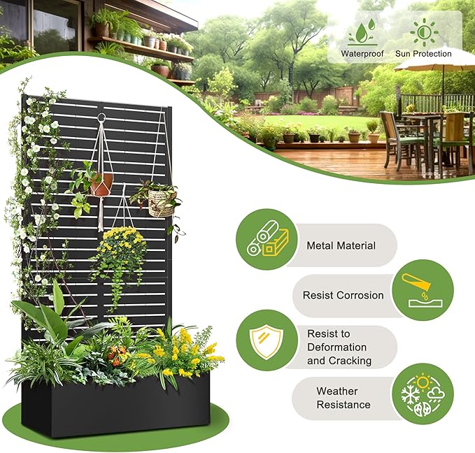 FENCY Metal Raised Garden Bed with Trellis, Metal Planter Box with Trellis, Garden Box for Climbing Plants Vegetable, 35" Lx16 Wx71 H Garden Bed with Drainage Holes(Black-Louvered)