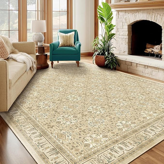 Warm Beige 9x12 Living Room Rug, Large Area Rug Washable Non Slip Low Pile Ultra Thin, Neutral Boho Floral Moroccan Pattern Printed Carpet Rug for Bedroom Dining Room