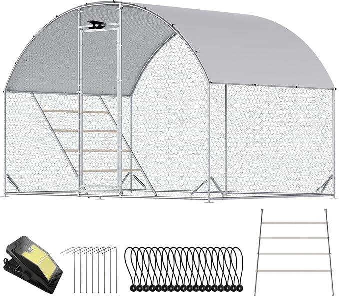 Chicken Coop Large Metal Chicken Run with Full-Top Waterproof Cover - Chicken House for 6/10 Chickens, Poultry Cage with Solar Light, Backside Poles, Walk-in Pen for Rabbits Ducks Yard 1 Room