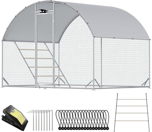Chicken Coop Large Metal Chicken Run with Full-Top Waterproof Cover - Chicken House for 6/10 Chickens, Poultry Cage with Solar Light, Backside Poles, Walk-in Pen for Rabbits Ducks Yard 1 Room
