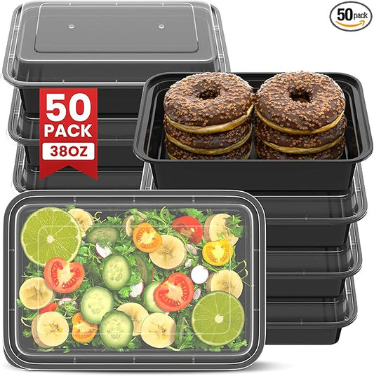 38oz Meal Prep Containers [50-Pack], Reusable Bento Box with Easy-Snap Leakproof Lids - Microwave, Dishwasher & Freezer Safe Food Storage, BPA-Free Plastic Lunch Containers (Black)
