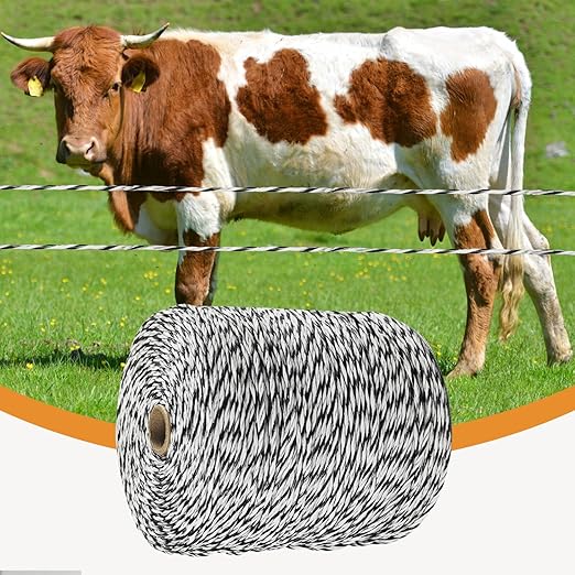 Electric Fence Polywire, 1320ft (400m), 3 Aluminum Strands, UV-Resistant PVC, 0.1in (2.5mm) Diameter, 256 lbs Tensile Strength, for Livestock and Rotational Grazing, White and Black