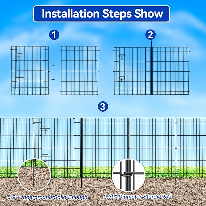 INJOPEXI Decorative Fence 12 Panels 23.6ft (L)30in (H), Metal Fence 11 Panels + 1 Gate Rustproof Wire No Dig Temporary Animal Barrier Fencing for Yard Outdoor Patio