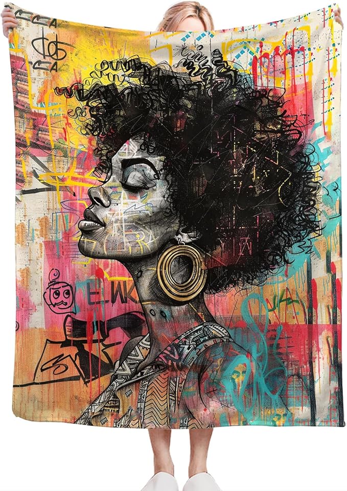African American Blanket Gifts for Girls Women Soft Warm Plush Black Girl Woman Throw Blanket Flannel Fleece Fuzzy Banksy Stuff Blanket for Bed Couch Living Room Decor 80"X60"