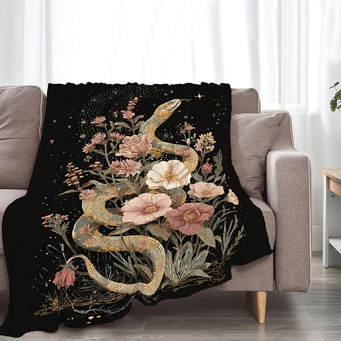 Golden Snake Blanket Fantasy Floral Reptiles Throw Blankets Gifts for Girls Boys Kids Snake Lover Soft Cozy Fleece Plush for Couch Sofa Bed 80"x60"
