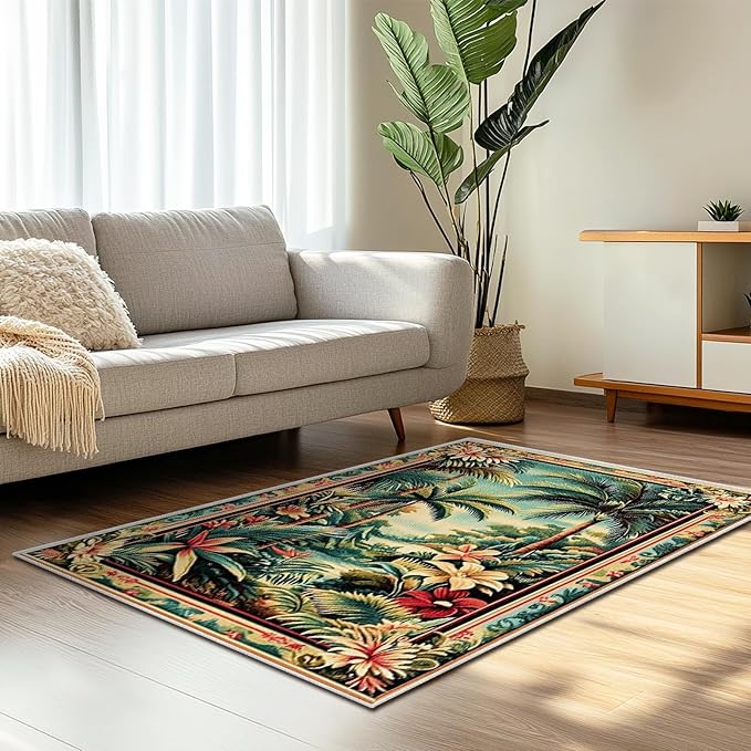 3x5 Tropical Rainforest Area Rugs Boho Forest Rug for Bathroom Kitchen Entryway Indoor Soft Non-Slip Thin Hippie Carpet Small Green Doormat for Office Dining Room Under Table Washable Machine