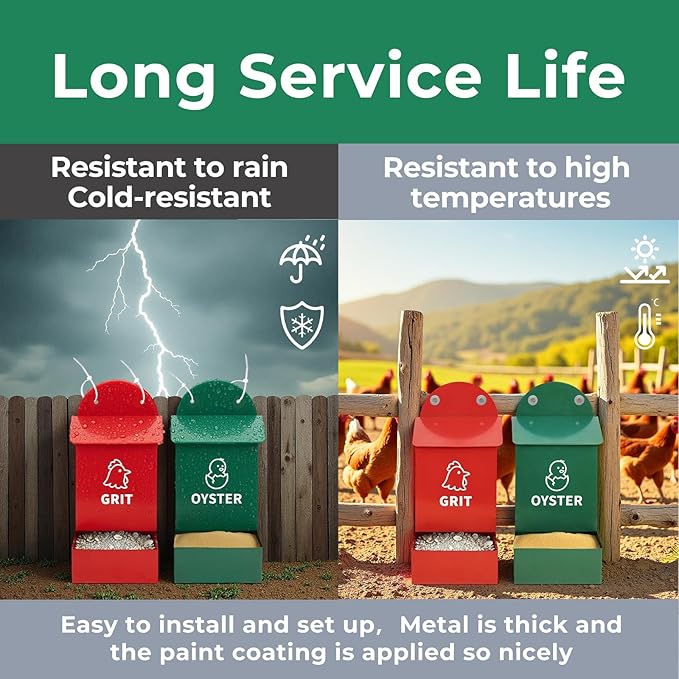 No Waste Chicken Grit and Oyster Shell Feeder 2 Pack, Wall Mounted Metal Poultry Feeders for Coop or Fence, Rustproof Dual Compartments Chicken Feeder for Backyard Flocks