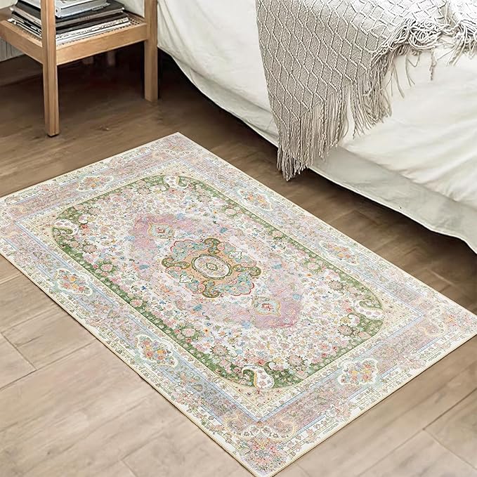 Small Rugs 2x3,Pink Rug for Entryway Bathroom Bedroom Kitchen Entrance Doormat,Boho Vintage Bohemian Distressed Washable Accent Floor Throw Carpet Non Slip,Blush Green