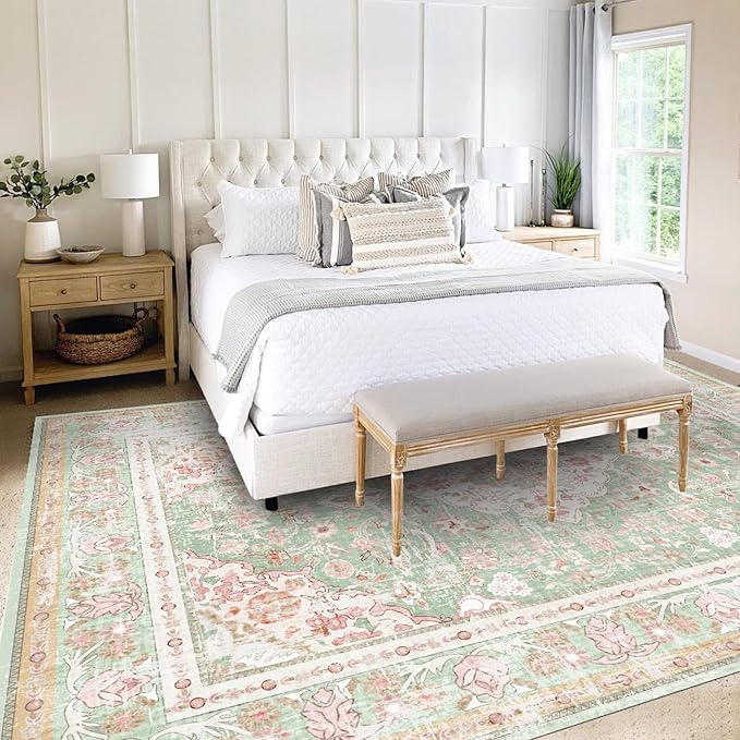 Vhong Washable Area Rugs Boho Vintage Modern Neutral Large Carpet Green and Pink High Traffic Rugs 9×12 for Dinning Room Living Room Bedroom Farmhouse Non Slip