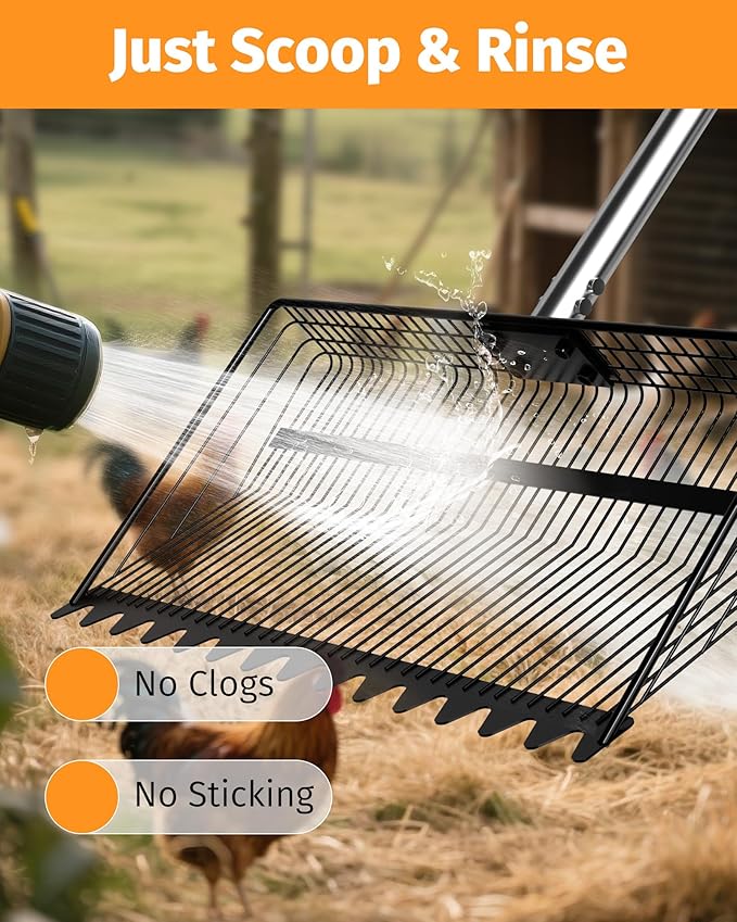 2-in-1 Chicken Poop Scooper & Rake, 15" Heavy-Duty Litter Sifter with 36–75" Stainless Steel Handle, Sand Sifting Shovel & Cleaning Tool for Chicken Coops and Runs, U.S. Patented