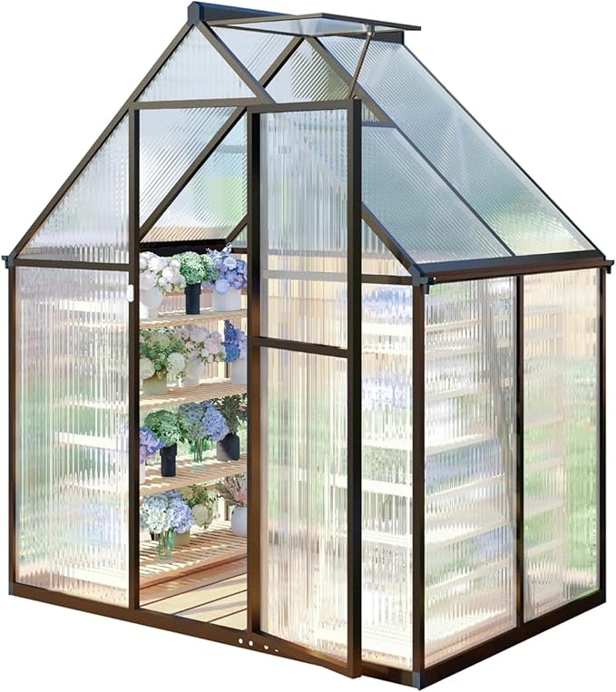 CQZY 6x4 FT Greenhouse for Outdoors, Polycarbonate Greenhouse with Quick Setup Structure and Roof Vent, Aluminum Large Walk-in Green House for Outside Garden Backyard, Dark Gray
