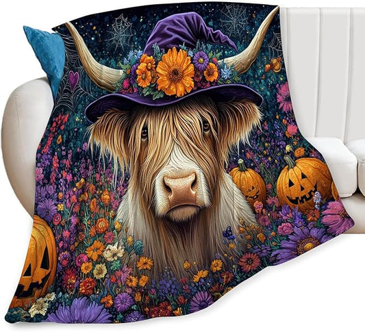 Tijuboni Highland Cow Pumpkin Throw Blanket for Girls Boys Women Men Kids Adults Soft Flannel Fleece Blanket for Couch Sofa Bed Home Decor 50"x60"