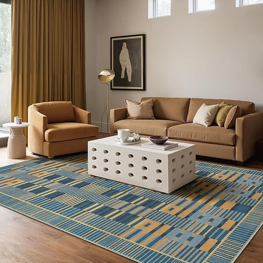 GENIMO Machine Washable 5x7 Area Rugs for Living Room, Non Slip Vintage Rugs, Low Pile Lightweight Chenille Print Rug for Bedroom, Dining Room, Home Office, Navy Blue