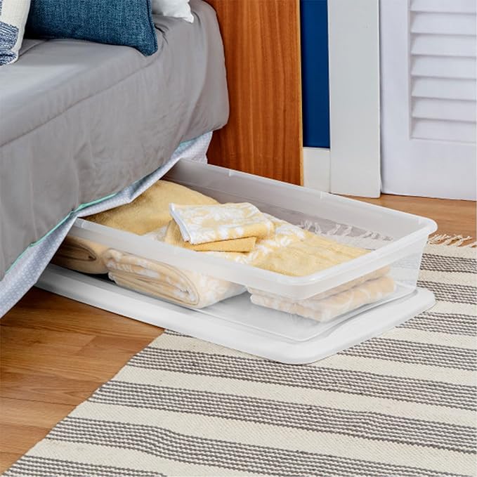 Sterilite 6 Pack Storage Box, 41 Quart Stackable Tote, Clear Plastic Container with Secure Snapping Lids for Home and Office Organization, White