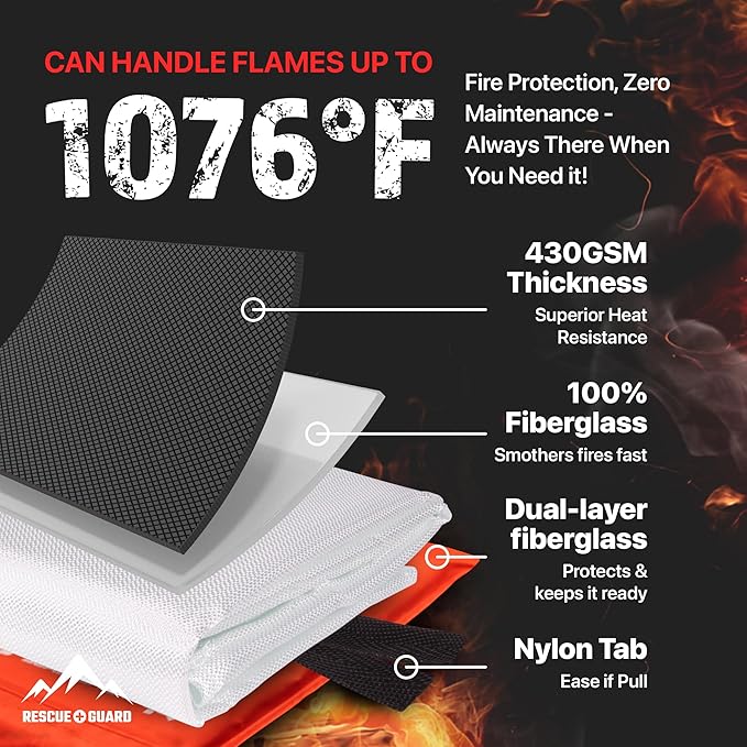 Emergency Fire Blanket - 1-Pack 40”x40” Stay Prepared With Our Fireproof Blanket Extinguish Flames for Your Home Kitchen - Be a hero with first house must haves along with Extinguisher - Home Safety