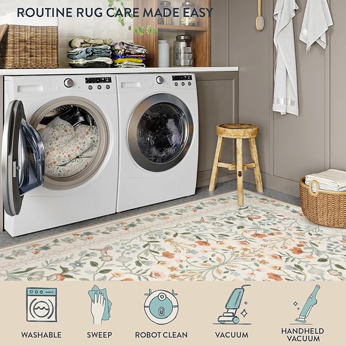 Lahome Floral Area Rug 5x7, Washable Soft Kids Room Nursery Rug Non Slip Ultra-Thin Carpet for Bedroom, Vintage Botanical Print Carpet for Playroom Classroom Living Room, Beige