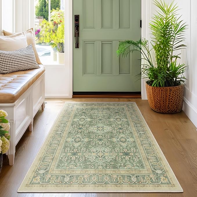 Sage Green 3x5 Entryway Rug Indoor, Boho Floral Moroccan Pattern Printed Throw Rugs for Nursery Bedroom Bedside, Low Pile Thin Non Slip Washable Area Rug for Kitchen Foyer Mudroom Dorm