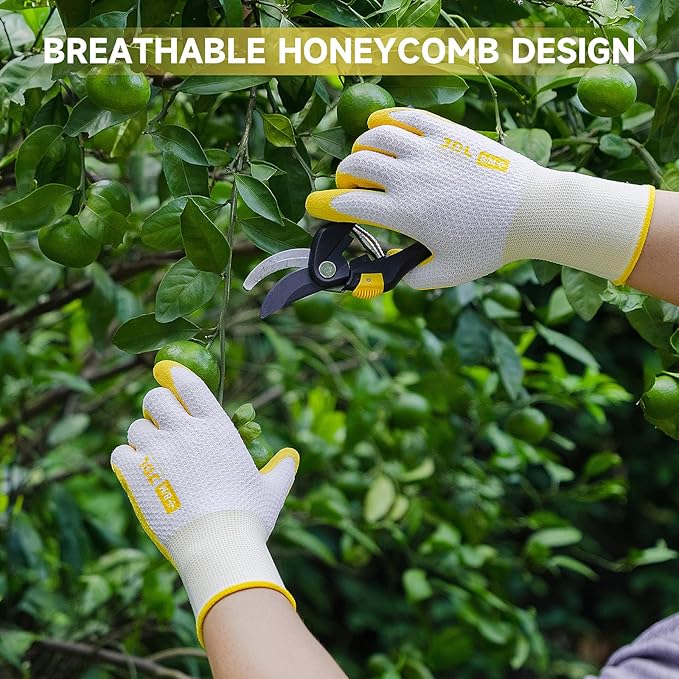 JDL Gardening Gloves for Women, 2 Pairs Breathable Latex Coated Yard Garden Gloves, Rubber Outdoor Protective Work Gloves with Grip, Yellow, Medium Size